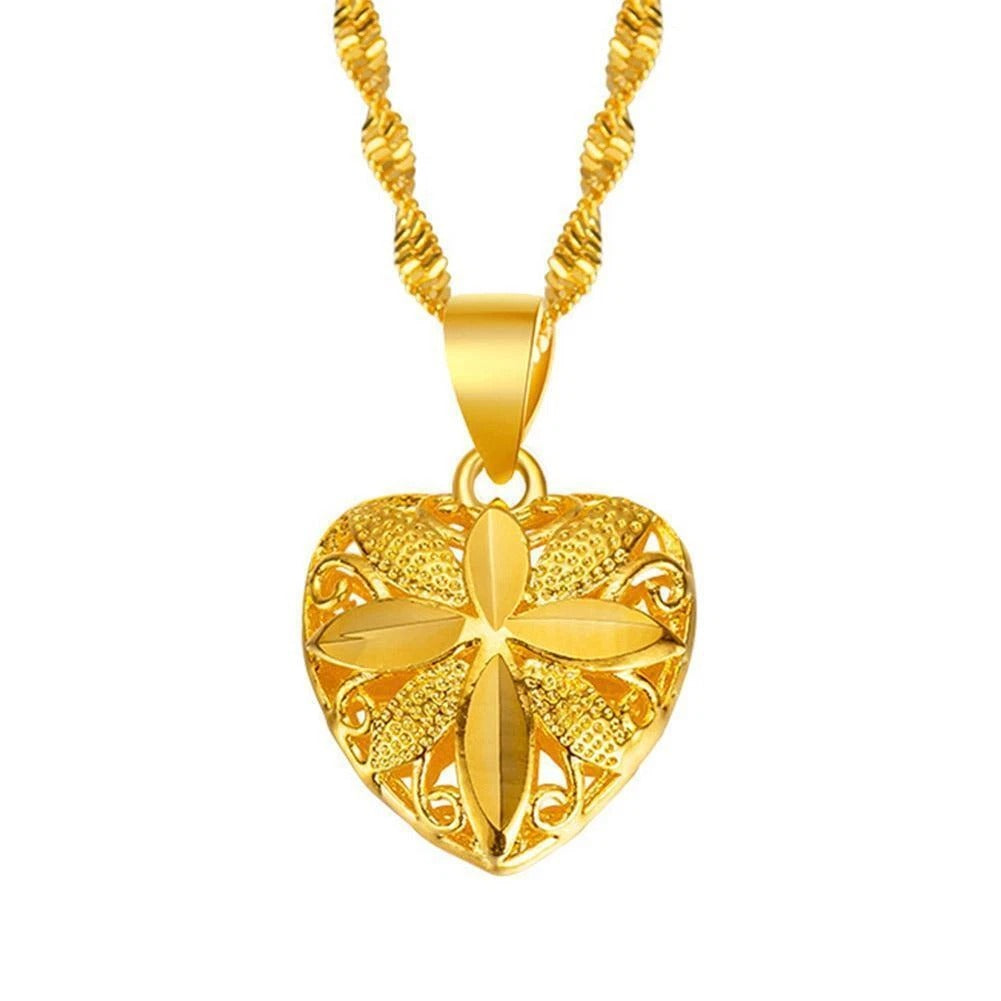 Gold Heart Flower Angel Pendant Necklace