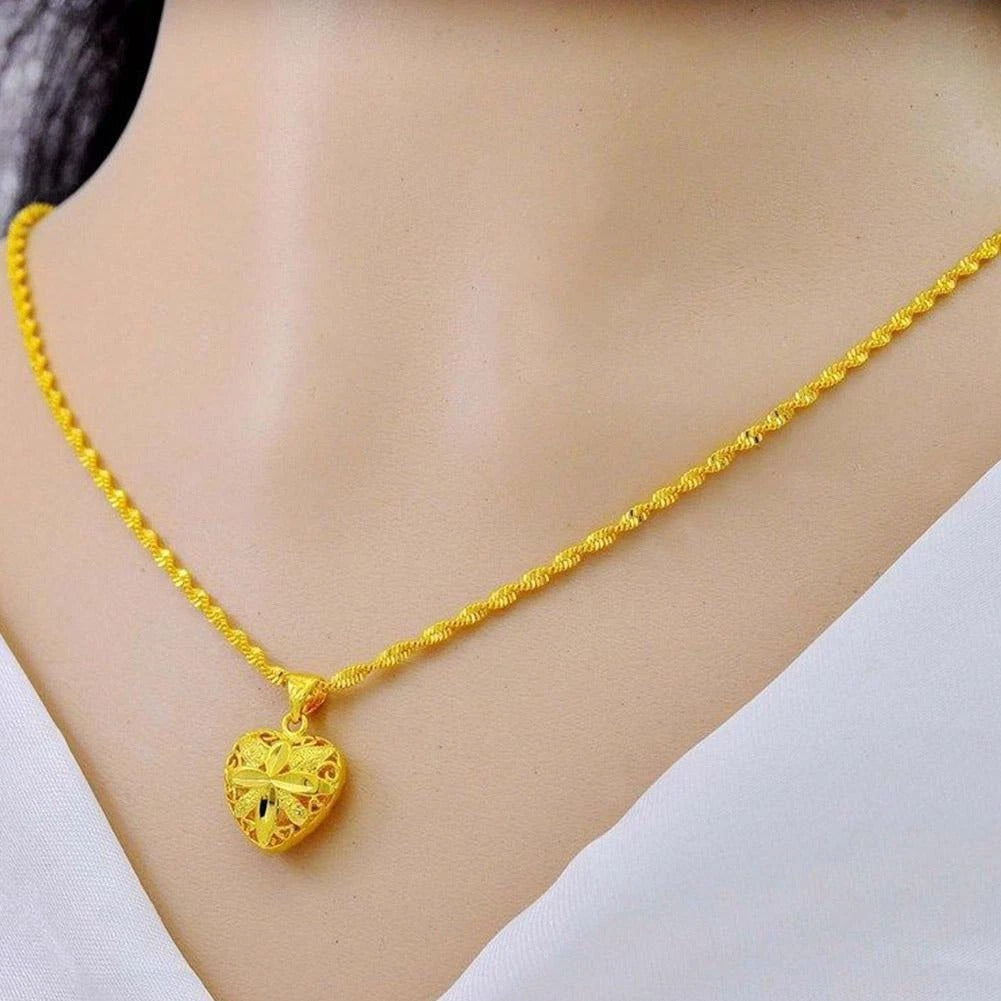 Gold Heart Flower Angel Pendant Necklace